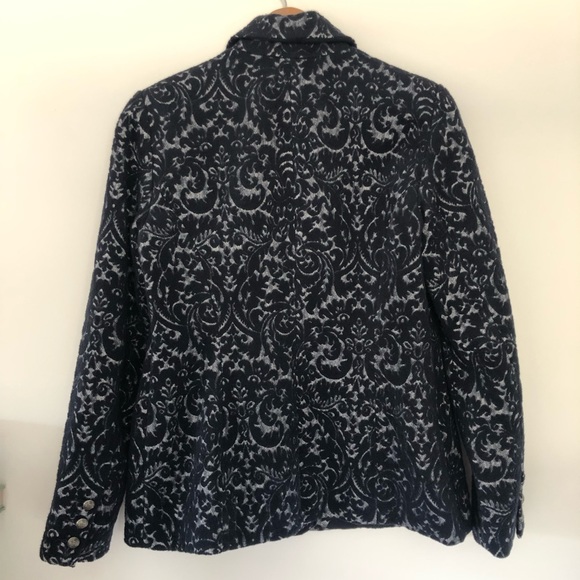 CAbi Jacquard Blazer Navy Blue Wool Blend Flocked Jacket #109 Women’s Size 6 - Picture 8 of 12